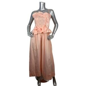 Vintage 70s Vicky Vaughn Prom Dress Peach Gown Spaghetti Strap Swiss Dot Ruffle